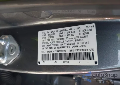 2009 Honda Accord 2.4 Ex z USA, uszkodzony, nr VIN 1HGCP26729A099020